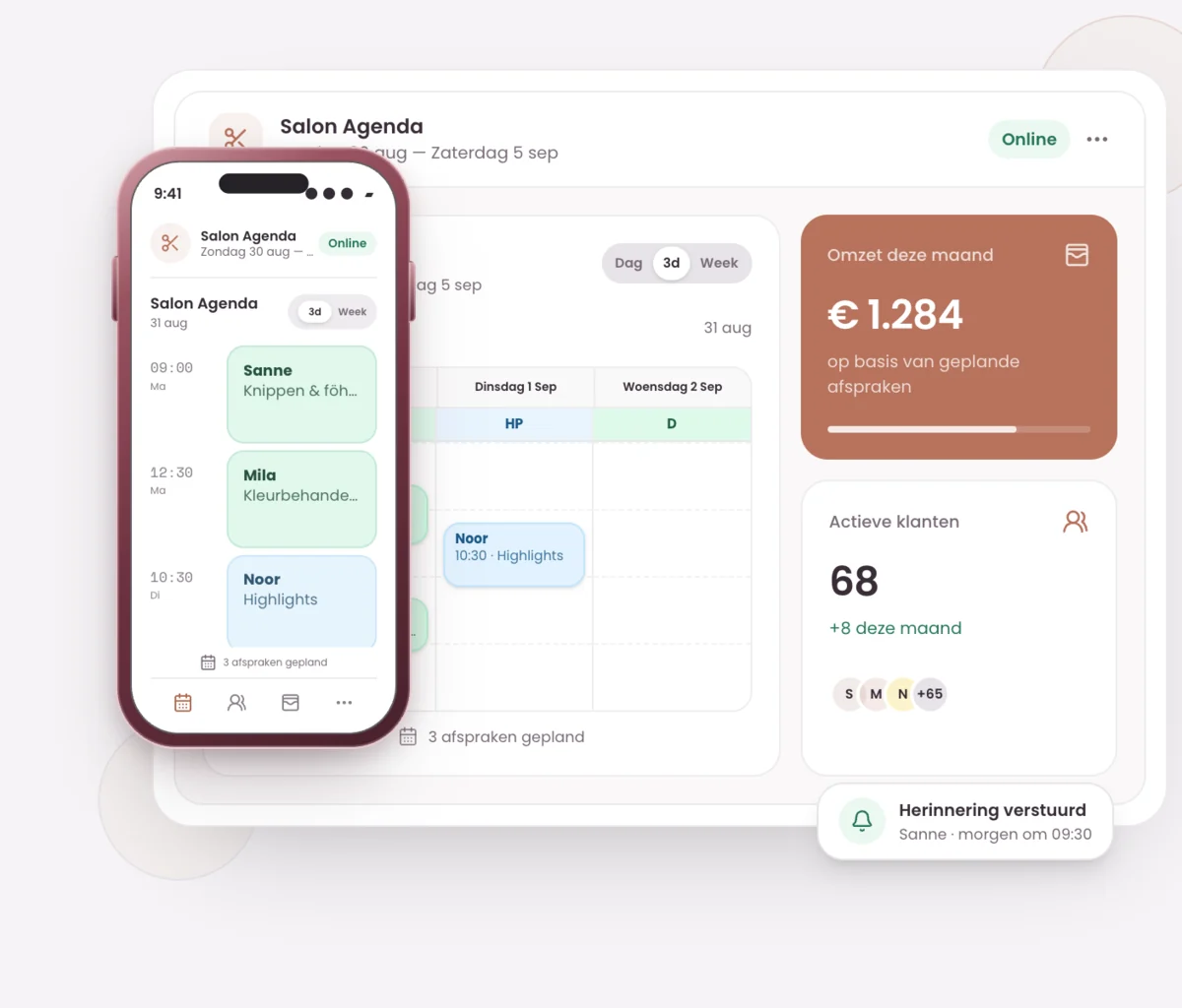Booqr-salonagenda op desktop en smartphone met een afsprakenoverzicht