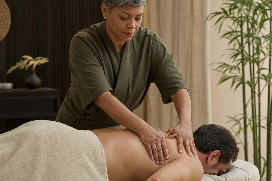 Een massagetherapeut behandelt de rug van een klant in een rustige praktijk